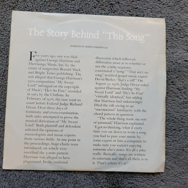 GEORGE HARRISON THIS SONG THE STORY BEHIND WHITE LABEL PROMO PICTURE SLEEVE
